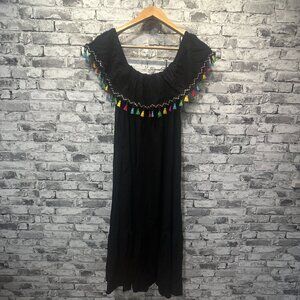 EUC City Chic Black Maxi Dress W/ Multicolor Fringes Size M/18